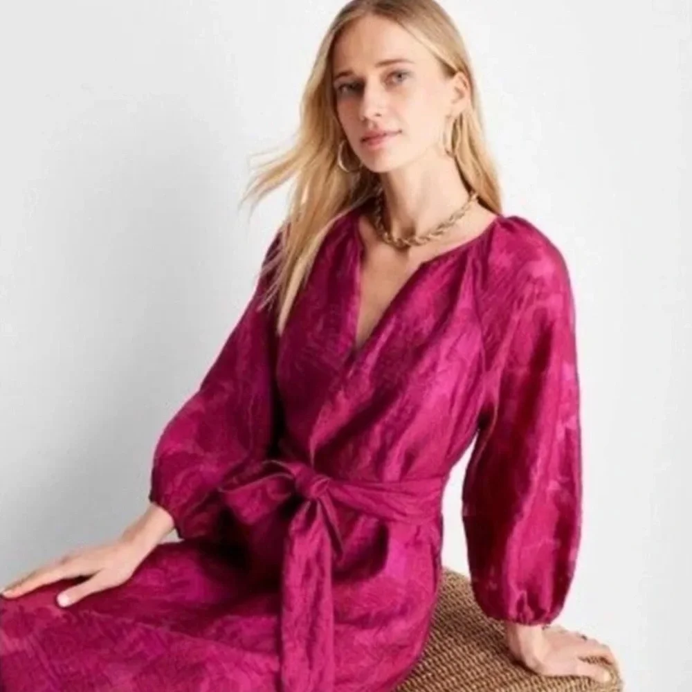Vibrant Fuchsia Midi Dress with Waist Tie - Picture 2 of 3